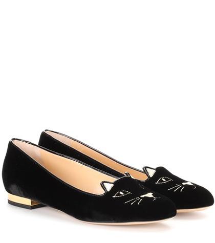 Charlotte Olympia Kitty Flat Velvet Ballerinas