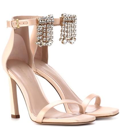 Stuart Weitzman Fringe Square Nudist 100 Satin Sandals