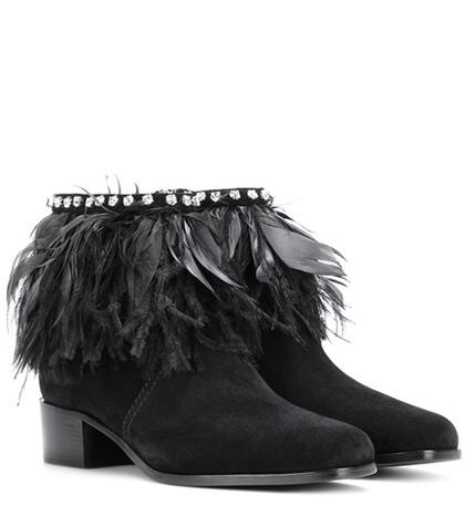 Miu Miu Feather-trimmed Suede Ankle Boots