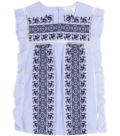 Veronica Beard Cece Embroidered Striped Cotton Top