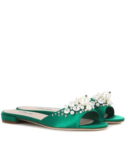 Miu Miu Embellished Satin Slip-on Sandals