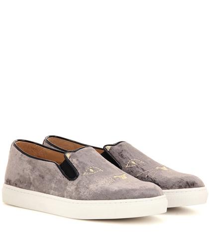 Charlotte Olympia Cool Cats Embroidered Velvet Slip-on Sneakers