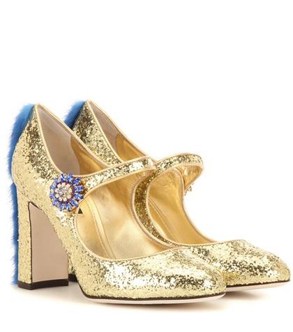 Dolce & Gabbana Embellished Fur-trimmed Glitter Pumps