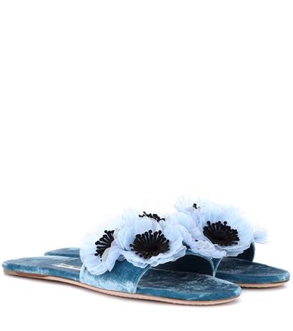 Miu Miu Floral-embellished Velvet Slides