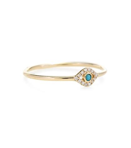 Sydney Evan Small Bezel Evil Eye 14kt Yellow Gold Ring With Diamonds And Turquoise