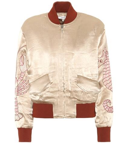 Ganni Embroidered Satin Bomber Jacket
