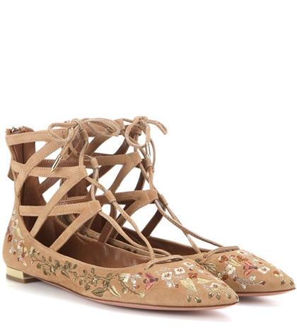 Aquazzura Belgravia Flat Embroidered Suede Ballerinas