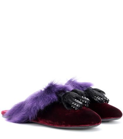 Maison Michel Shearling-lined Velvet Slippers