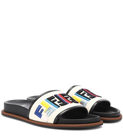 Fendi Embroidered Leather Slides