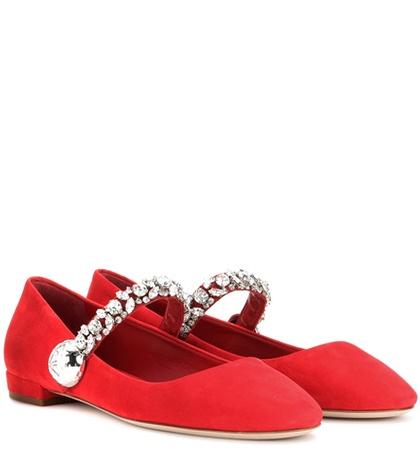 Prada Suede Mary Janes With Crystal Embellishments