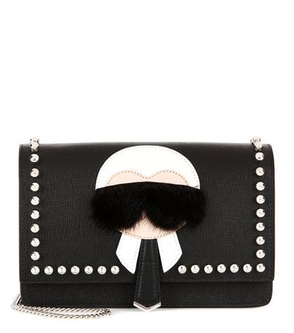 Fendi Karlito Fur-trimmed Leather Shoulder Bag
