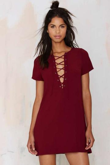 Factory Runnin' With The Devil Lace Up Dress - Burgundy