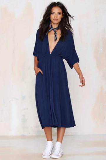 Teenplo Spin Me Round Plunging Knit Dress - Navy