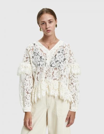 Ganni Jerome Lace Ruffle Trim Top