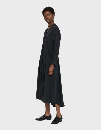 Black Crane Classy Linen Dress In Dark Green