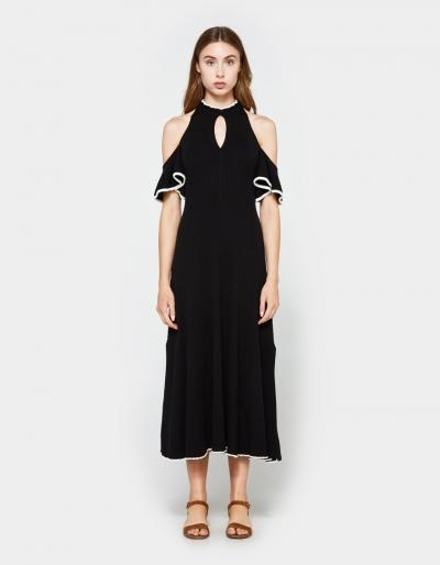 Apiece Apart Knit Cold Shoulder Dress In Black W/ White Tipping