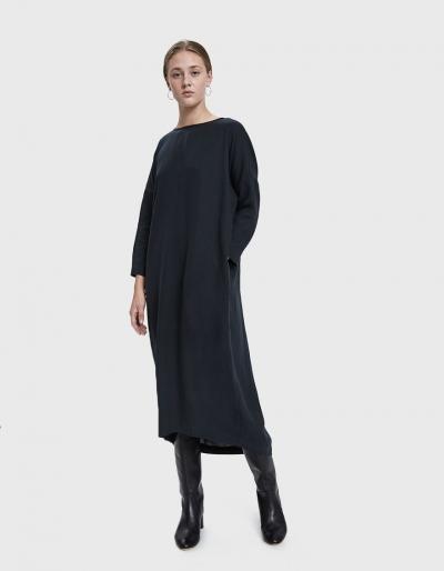 Black Crane Pleated Cocoon Dress In Dark Green