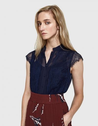 Stelen Penny Lace Button Up Bodysuit In Navy