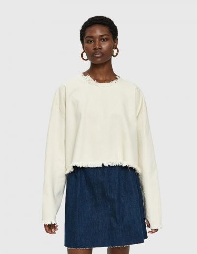 Ashley Rowe Denim Long Sleeve Tee In Cream