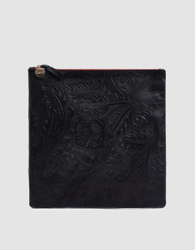 Clare V. Foldover Clutch In Black Tooled Floral