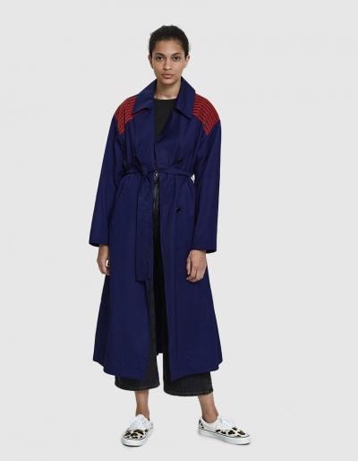 Dima Leu Velvet Stripe Trench Coat In Navy/rouge Red