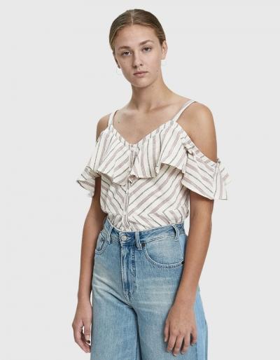 Farrow Niamh Off Shoulder Button Down Top In Black/red
