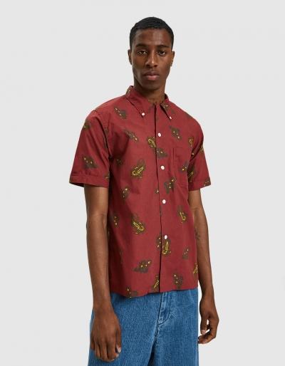 Beams Plus S/s Open Collar B.d. Dobby Print Paisley In Wine