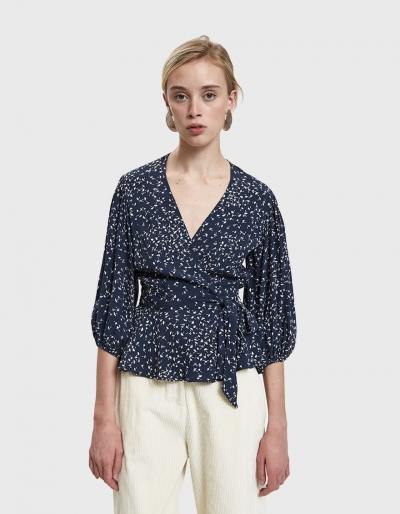 Ganni Barra Crepe Wrap Top In Total Eclipse