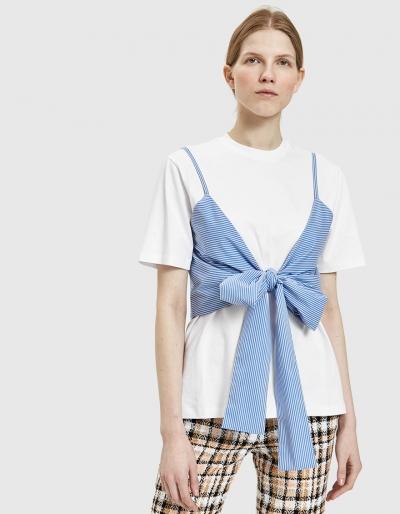 Msgm Layered Pinstripe Poplin Bow T-shirt