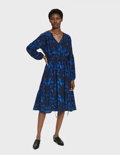Need Maisle Navy Bloom Midi Casing Dress