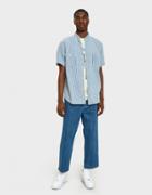 Orslow Stand Collar Short Sleeve Shirt In Blue Denim Hickory
