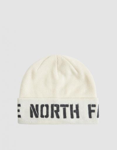 The North Face Black Box Felt Logo Beanie In Vintage White/tnf Black