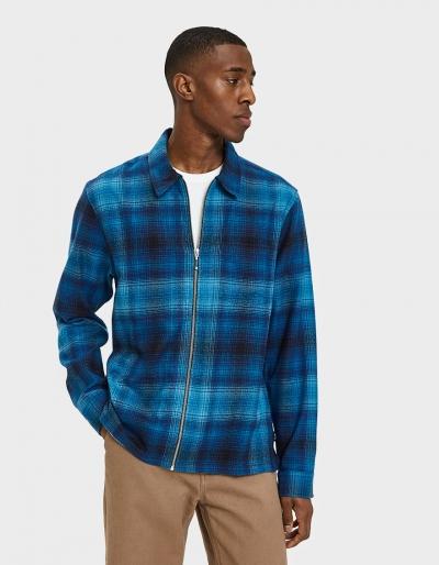 St Ssy Zip Up Crepe Plaid Ls Shirt In Indigo