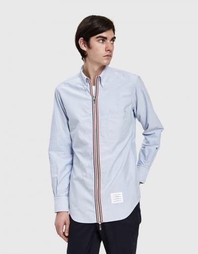 Thom Browne Zip Front Classic Long Sleeve Point Collar Shirt In