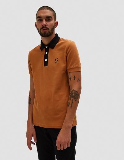 Raf Simons X Fred Perry Contrast Neck Pique Shirt In Bronze