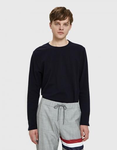 Thom Browne Long Sleeve Pique Tee In Navy