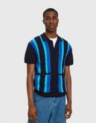 Beams Plus S/s Knit Stripe Polo In Blue