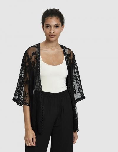 Farrow Cassis Sheer Lace Kimono In Black