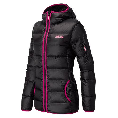New Balance 4305 Women's Women's Peak Hooded Down Jacket - Black, Poisonberry (nwoj4305bk)