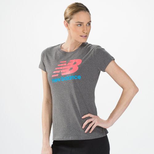 New Balance 3149 Women's Large Logo Tee - Heather Grey, Ruby, Poolside (wet3149hgr)