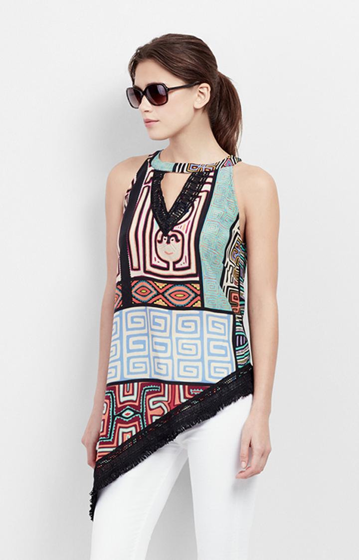 Nicole Miller Patchwork Panama Asymmetric Top