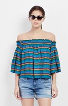 Nicole Miller Tropical Stripes Smocked Top