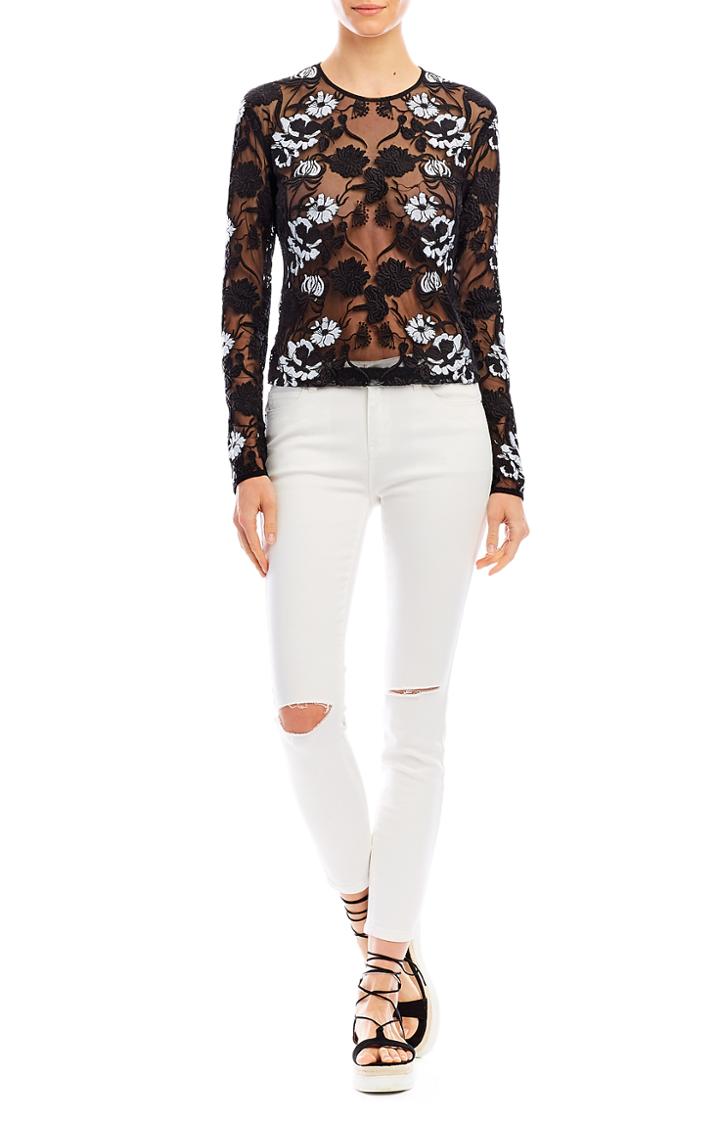 Nicole Miller Trellis Embroidery Long Sleeve Top