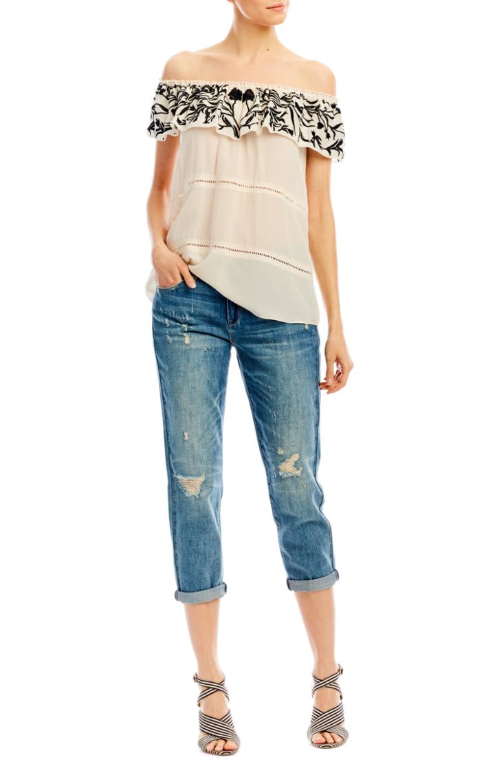 Nicole Miller Wispy Stems Embroidered Ruffle Blouse