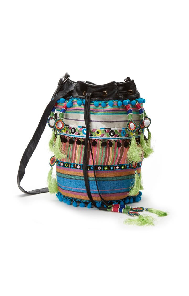 Nicole Miller Striped Fabric Bucket Bag