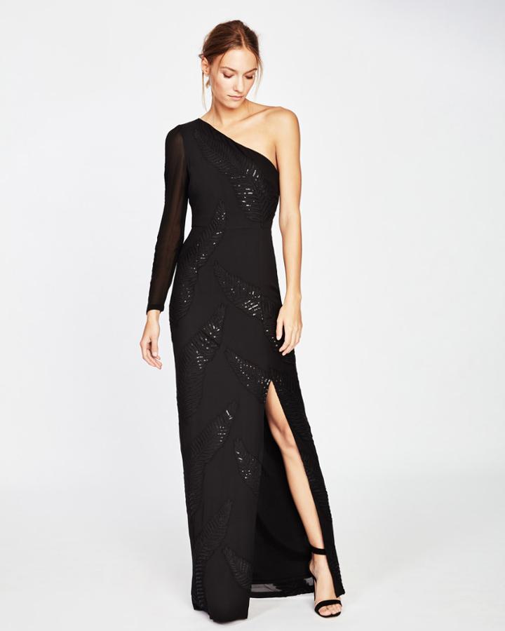 Nicole Miller Sequin Leaves One Shoulder Gown