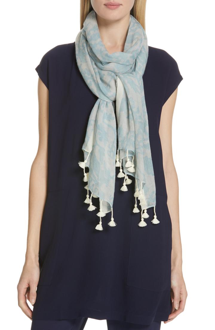 Women's Eileen Fisher Tassel Trim Wool Scarf, Size - Blue