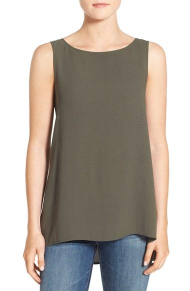 Women's Eileen Fisher Long Bateau Neck Silk Shell, Size - Green