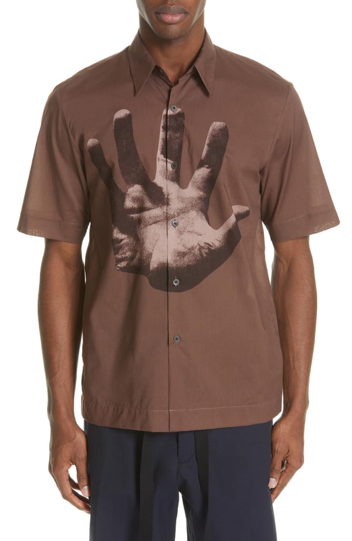 Men's Dries Van Noten Clasen Hand Print Shirt Eu - Brown