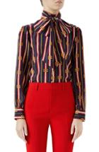Women's Gucci Chain Belt Print Silk Bow Neck Blouse Us / 40 It - Red